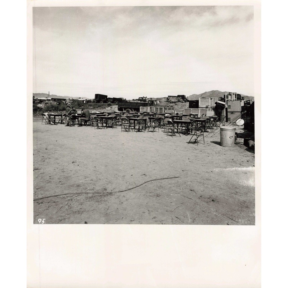 Vintage Black and White Military Field Mess Area Photograph Outdoor Scene